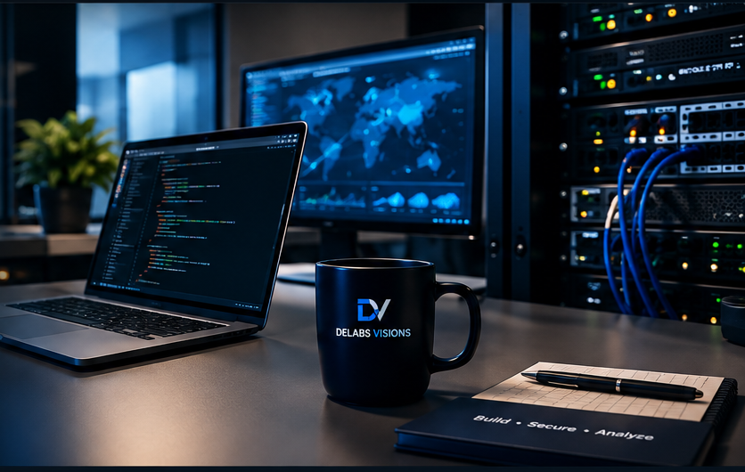Professional IT workspace with laptop, software development screen, server equipment and digital technology tools